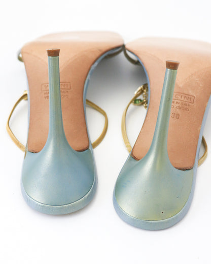 Vintage Vicini Giuseppe Zanotti Metallic Blue Square Toe Bejeweled Mule Heels / 38 (US 8)