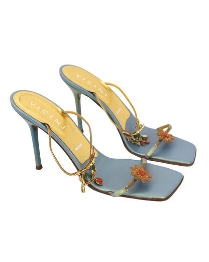 Vintage Vicini Giuseppe Zanotti Metallic Blue Square Toe Bejeweled Mule Heels / 38 (US 8)