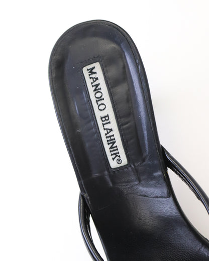 Vintage Manolo Blahnik Black Leather Kitten Heel Thong Mules / 38 (US 8)