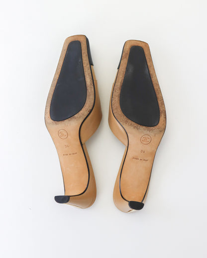 Vintage 2000s Chanel Tan Black CC Logo Kitten Heel Mules / 36 (US 6)