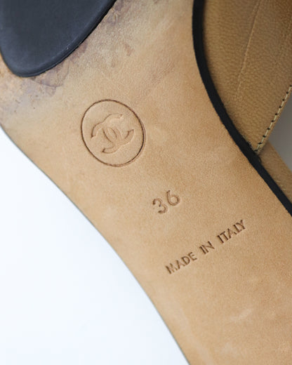 Vintage 2000s Chanel Tan Black CC Logo Kitten Heel Mules / 36 (US 6)