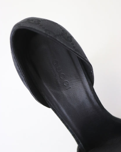 Vintage 2000s Gucci Black GG Monogram Canvas d'Orsay Pumps Bow Detail / 35.5 (US 5.5)
