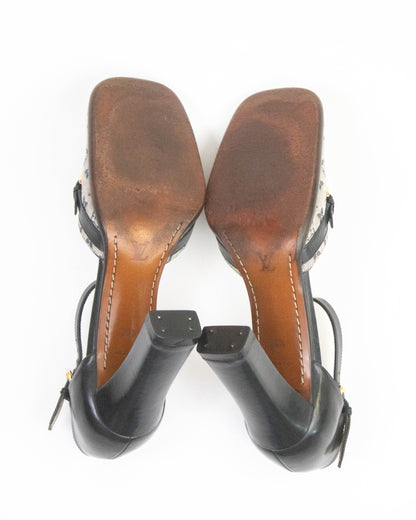 Vintage 2001 Louis Vuitton Navy Mini Lin Monogram Mary Jane Heels / 36.5 (US 6.5)