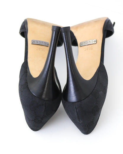 Vintage 2000s Gucci Black GG Monogram Canvas d'Orsay Pumps Bow Detail / 35.5 (US 5.5)