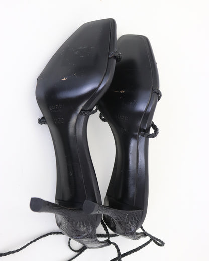 Vintage F/W 2002 Gucci by Tom Ford Black Ostrich Leather Lace Up Heels / 36 (US 6)