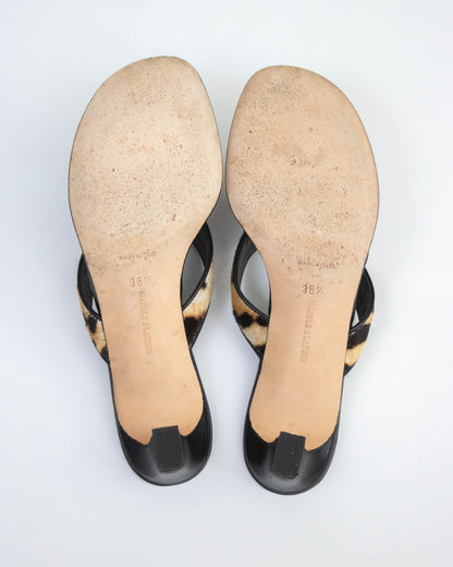 Vintage Manolo Blahnik Leopard Print Thong Mules Seashell Detail / 38.5 (US 8.5)