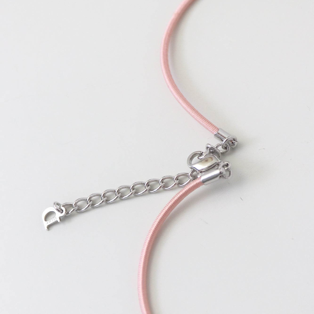 Vintage Christian Dior Silver Pink Chord Choker CD Logo Ribbon Necklace
