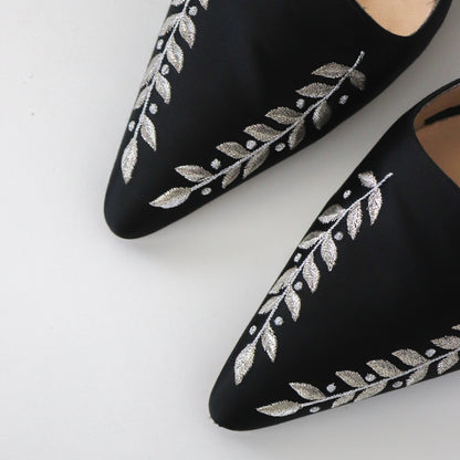 Rare Vintage Manolo Blahnik Black Satin Mules Floral Embroidery Detail As seen in The Sopranos / 36.5 (US 6.5)