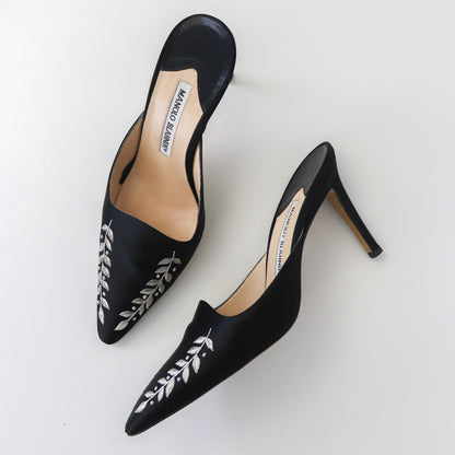 Rare Vintage Manolo Blahnik Black Satin Mules Floral Embroidery Detail As seen in The Sopranos / 36.5 (US 6.5)