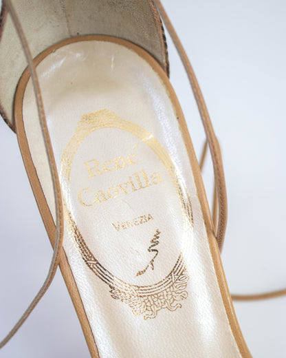 Vintage Rene Caovilla Green Leaf Vine Ankle Wrap Sandals / 38.5 (US 8.5)