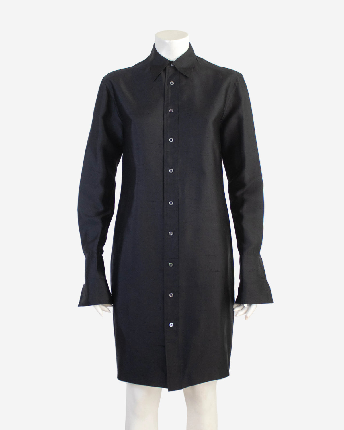 Vintage S/S 1996 Ralph Lauren Collection Black Raw Silk Shirt Dress / S