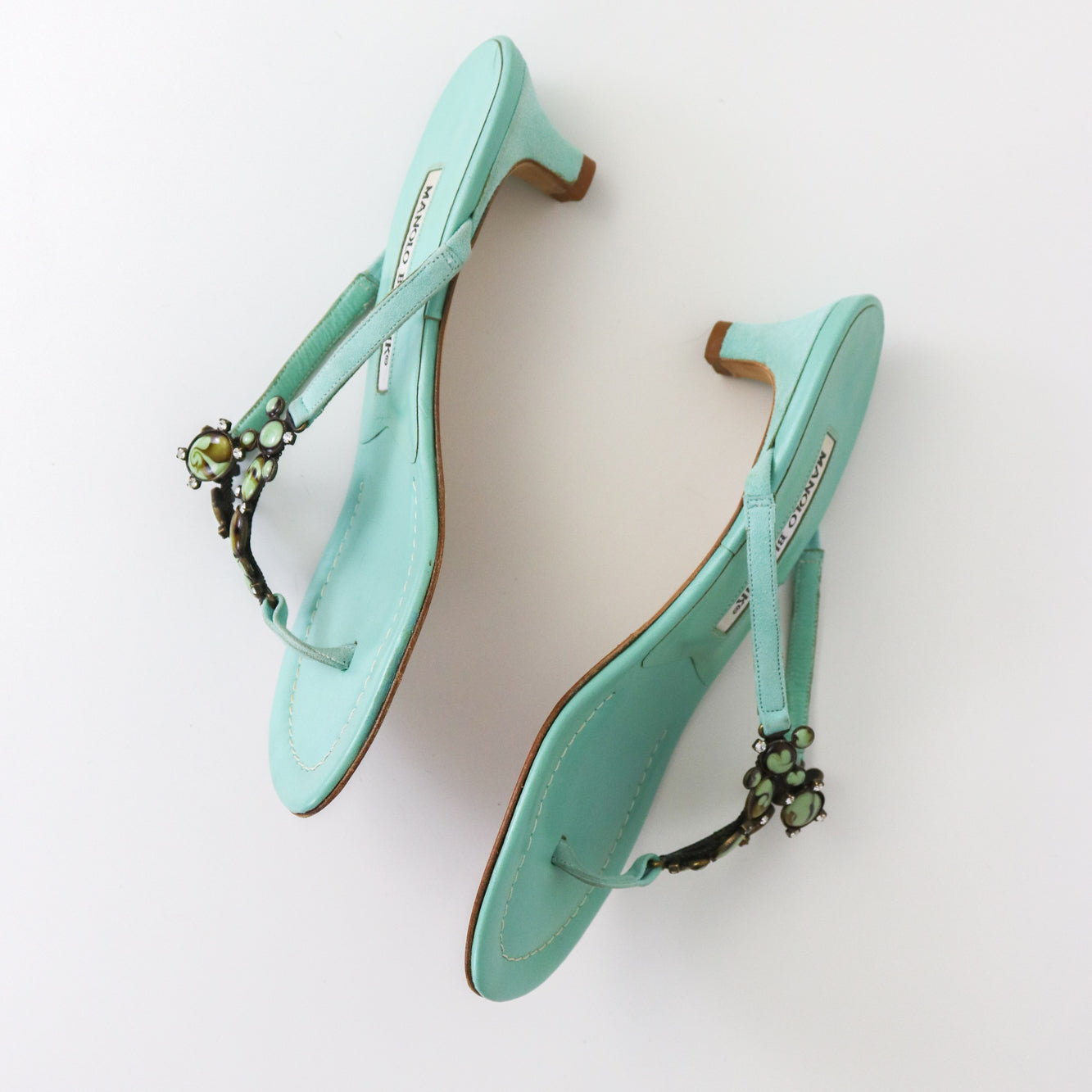 Vintage Manolo Blahnik Lenti Suede Turquoise Jewel Kitten Heel Thong Mules / 36 (US 6)