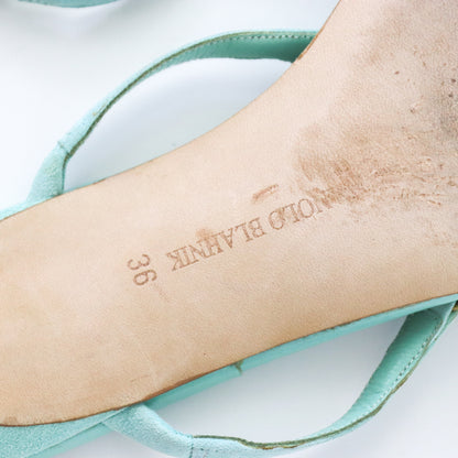 Vintage Manolo Blahnik Lenti Suede Turquoise Jewel Kitten Heel Thong Mules / 36 (US 6)