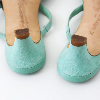 Vintage Manolo Blahnik Lenti Suede Turquoise Jewel Kitten Heel Thong Mules / 36 (US 6)