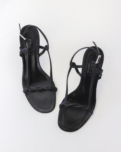 Vintage Gucci by Tom Ford Black Leather Sandals Braided Detail / 37.5 ( US 7.5)