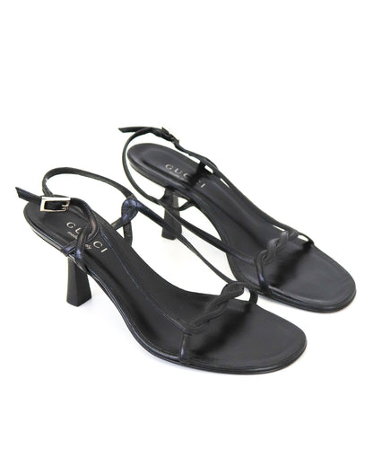 Vintage Gucci by Tom Ford Black Leather Sandals Braided Detail / 37.5 ( US 7.5)