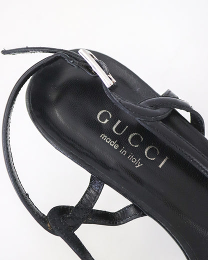 Vintage Gucci by Tom Ford Black Leather Sandals Braided Detail / 37.5 ( US 7.5)
