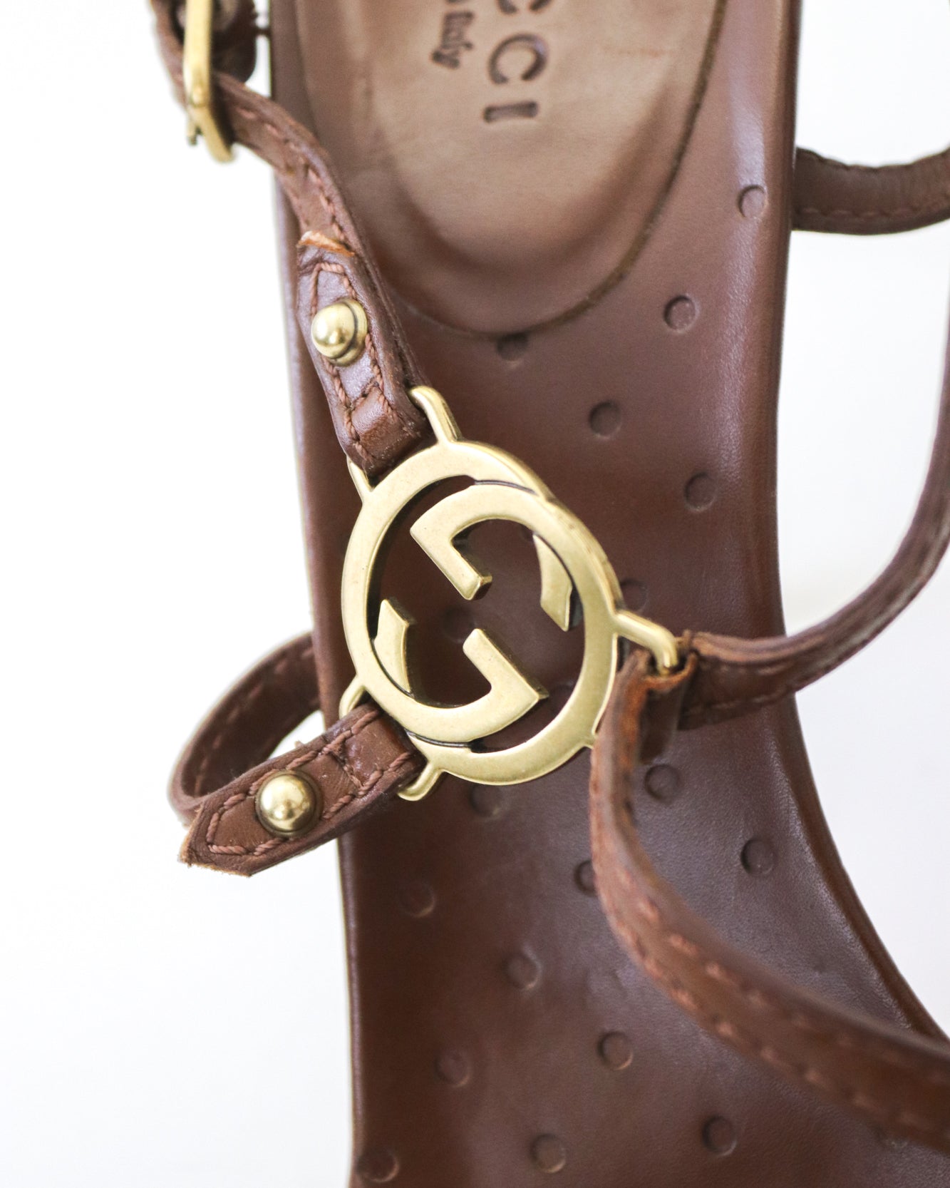 Vintage Gucci by Tom Ford Brown Interlocking G Logo Strappy Sandals / 38 (US 8)