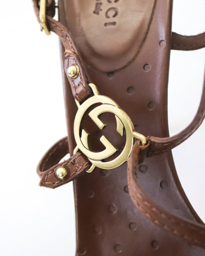 Vintage Gucci by Tom Ford Brown Interlocking G Logo Strappy Sandals / 38 (US 8)