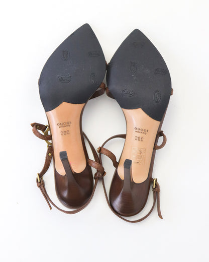 Vintage Gucci by Tom Ford Brown Interlocking G Logo Strappy Sandals / 38 (US 8)