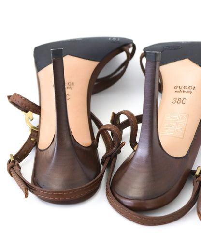 Vintage Gucci by Tom Ford Brown Interlocking G Logo Strappy Sandals / 38 (US 8)