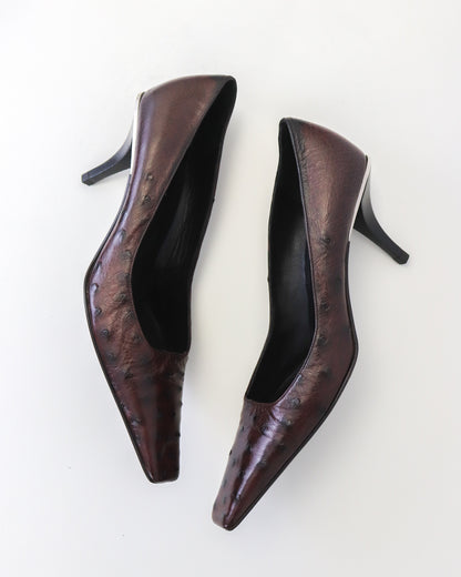 Rare S/S 1998 Gucci by Tom Ford Brown Ostrich Leather Crystal G Pumps / 39 (US 9)