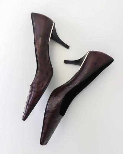Rare S/S 1998 Gucci by Tom Ford Brown Ostrich Leather Crystal G Pumps / 39 (US 9)