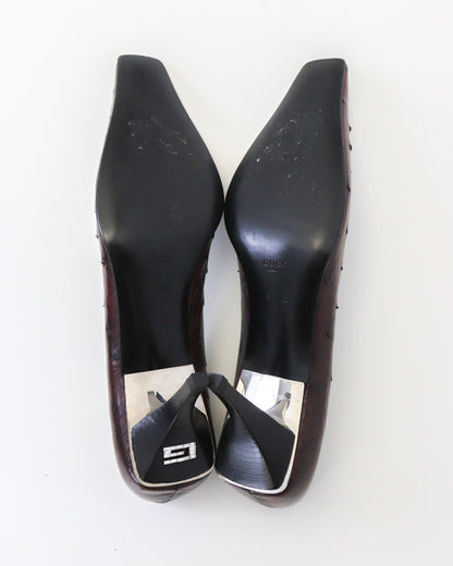 Rare S/S 1998 Gucci by Tom Ford Brown Ostrich Leather Crystal G Pumps / 39 (US 9)