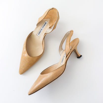 Vintage Manolo Blahnik Beige Carolyne Slingback Kitten Heels Reptile Leather / 37 (US 7)