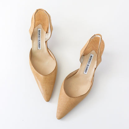 Vintage Manolo Blahnik Beige Carolyne Slingback Kitten Heels Reptile Leather / 37 (US 7)