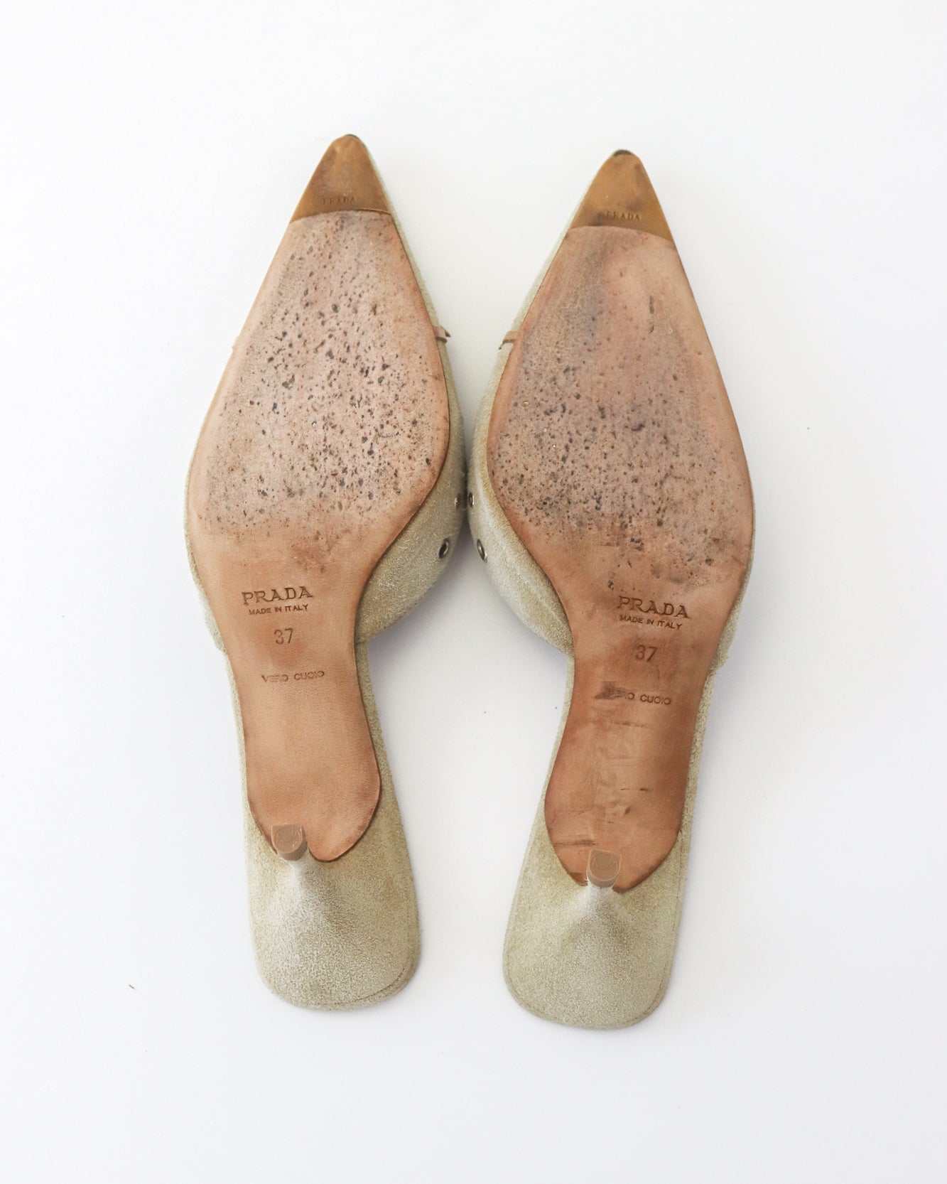 Vintage Prada Iconic Beige Suede Eyelet Bow Mule Heels / 37 (US 7)