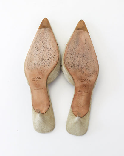 Vintage Prada Iconic Beige Suede Eyelet Bow Mule Heels / 37 (US 7)
