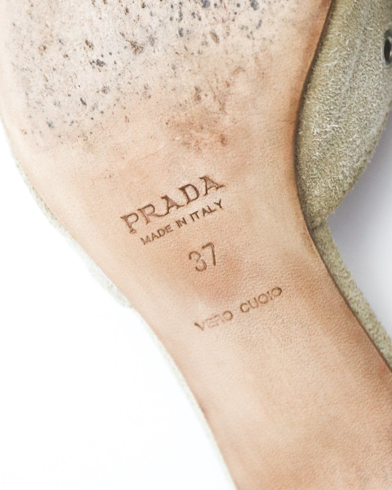 Vintage Prada Iconic Beige Suede Eyelet Bow Mule Heels / 37 (US 7)