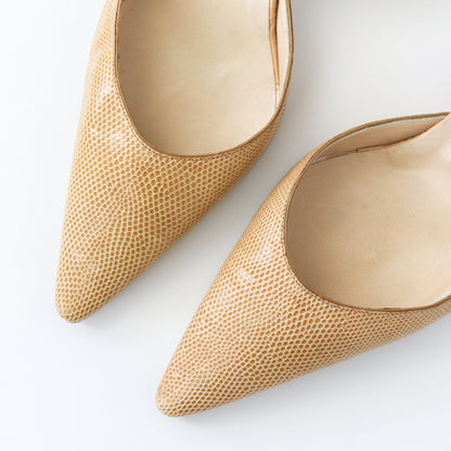 Vintage Manolo Blahnik Beige Carolyne Slingback Kitten Heels Reptile Leather / 37 (US 7)