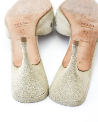 Vintage Prada Iconic Beige Suede Eyelet Bow Mule Heels / 37 (US 7)