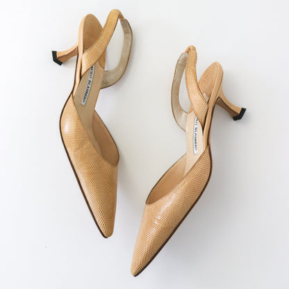 Vintage Manolo Blahnik Beige Carolyne Slingback Kitten Heels Reptile Leather / 37 (US 7)