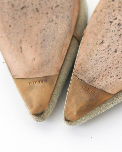 Vintage Prada Iconic Beige Suede Eyelet Bow Mule Heels / 37 (US 7)