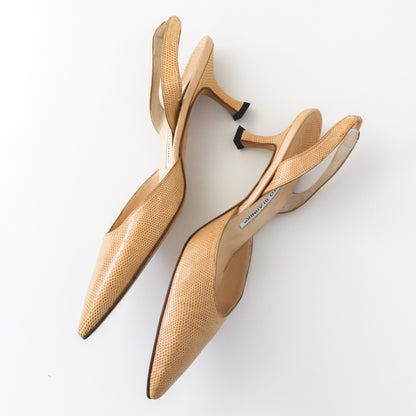 Vintage Manolo Blahnik Beige Carolyne Slingback Kitten Heels Reptile Leather / 37 (US 7)