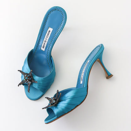 Manolo Blahnik S/S 2019 Igura Satin Mules Bejeweled Crystal Starfish Heels / 37.5 (US 7.5)