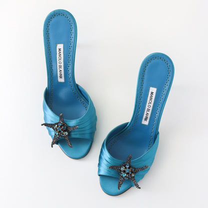 Manolo Blahnik S/S 2019 Igura Satin Mules Bejeweled Crystal Starfish Heels / 37.5 (US 7.5)