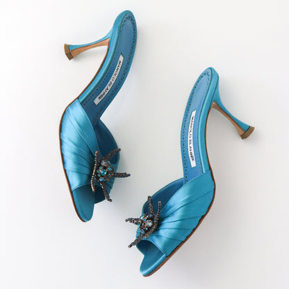 Manolo Blahnik S/S 2019 Igura Satin Mules Bejeweled Crystal Starfish Heels / 37.5 (US 7.5)
