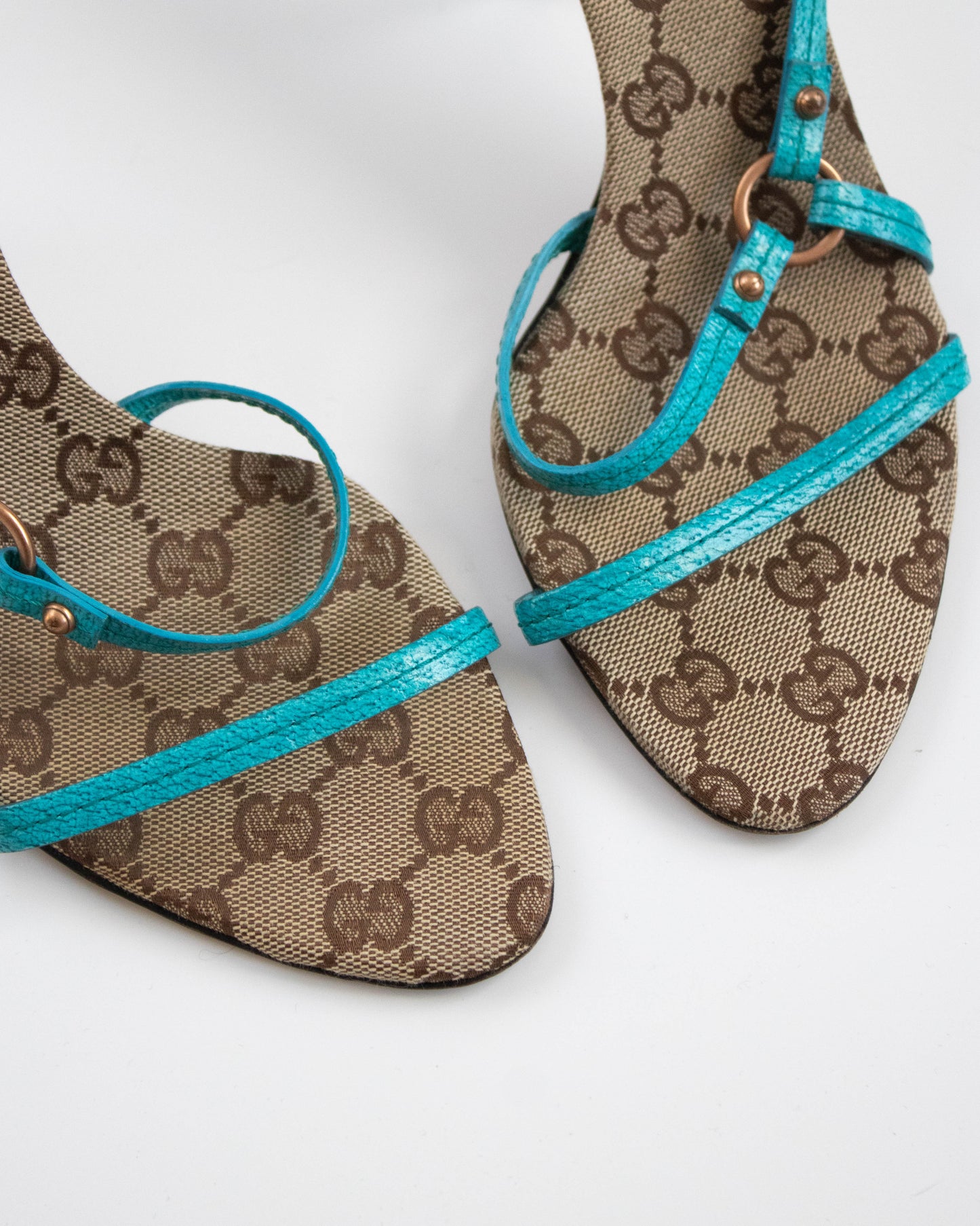 Vintage Gucci Classic GG Monogram Turquoise Leather Mule Heels / 37 (US 7)