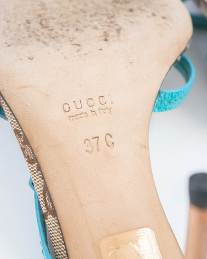 Vintage Gucci Classic GG Monogram Turquoise Leather Mule Heels / 37 (US 7)