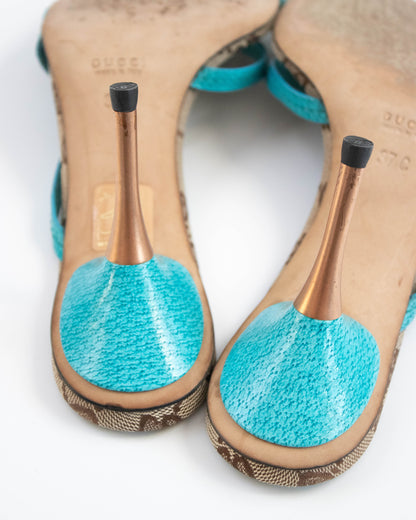 Vintage Gucci Classic GG Monogram Turquoise Leather Mule Heels / 37 (US 7)