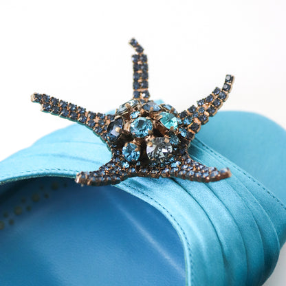 Manolo Blahnik S/S 2019 Igura Satin Mules Bejeweled Crystal Starfish Heels / 37.5 (US 7.5)
