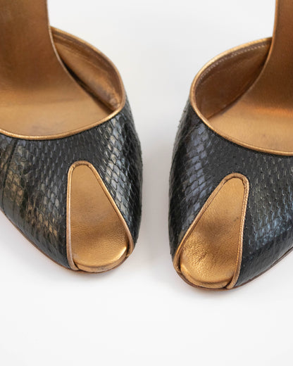 Vintage Gucci S/S 2005 Black Gold Python Mule Heels / 37 (US 7)