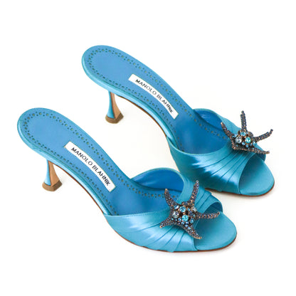 Manolo Blahnik S/S 2019 Igura Satin Mules Bejeweled Crystal Starfish Heels / 37.5 (US 7.5)