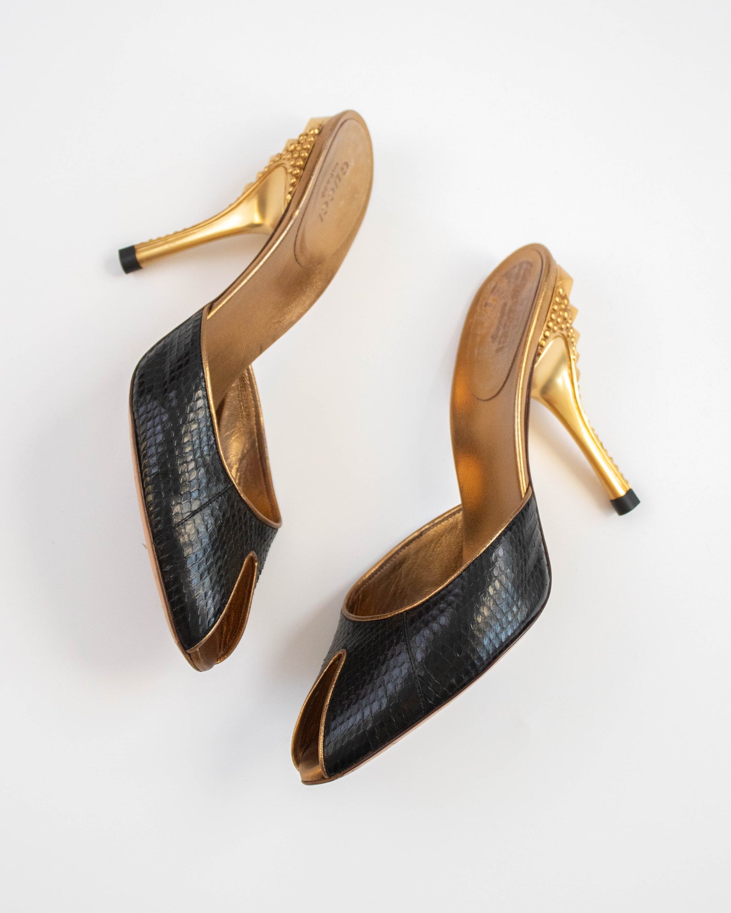Vintage Gucci S/S 2005 Black Gold Python Mule Heels / 37 (US 7)