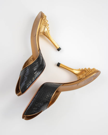 Vintage Gucci S/S 2005 Black Gold Python Mule Heels / 37 (US 7)
