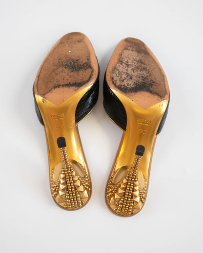 Vintage Gucci S/S 2005 Black Gold Python Mule Heels / 37 (US 7)